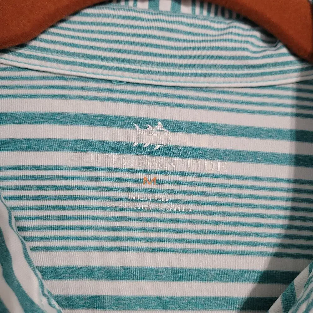 Southern Tide Short Sleeve Striped Polo men's size M Teal White Outdoor Coastal